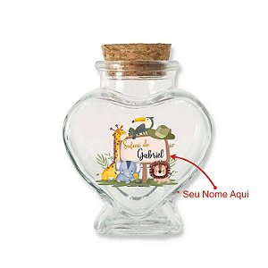 Kit Potinho de Vidro Personalizado Coração de Safari com Rolha 70ml -  6cm x 7cm - 24 unidades - Rizzo