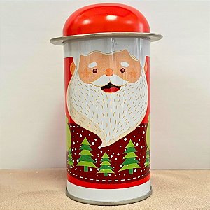 Lata De Metal De Natal - Papai Noel Costura Pinheiros e Nevando - 5,5x11cm - 1 unidade - Rizzo
