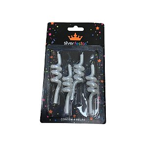 Vela Espiral Metalizada - Branca - 9,5cm - 4 unidades - Silver Festas - Rizzo