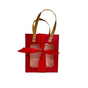 Sacola de Papel com Fita e Visor Alça Kraft - Vermelha - 16,5x14,5x8cm - 1 unidade - Rizzo