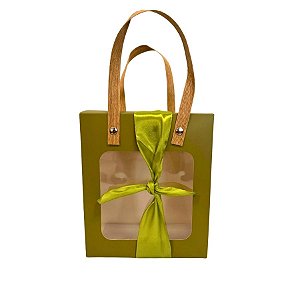 Sacola de Papel com Fita e Visor Alça Kraft - Verde - 16,5x14,5x8cm - 1 unidade - Rizzo