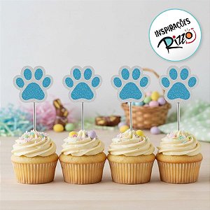 Pick Decorativo para Doces - Pata de Coelho Branco e Azul com Glitter - 8 unidades - Rizzo