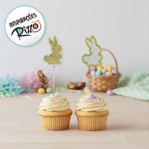 Pick Decorativo para Doces - Coelhos Dourado e Branco com Glitter - 4 unidades - Rizzo