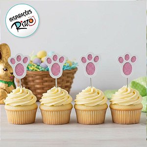 Pick Decorativo para Doces - Pata de Coelho Rosa e Branca com Glitter - 8 unidades - Rizzo