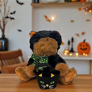 Urso de Pelúcia com Roupa e Sacola de Gato - Marrom/Preto - 20cm - 1 unidade - Rizzo