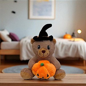 Urso de Pelúcia com Abóbora e Chapéu - Marrom/Bege - 25cm - 1 unidade - Rizzo