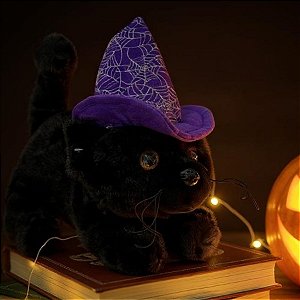 Gato de Pelúcia com Chapéu Roxo - Preto - 14cm  - 1 unidade - Rizzo