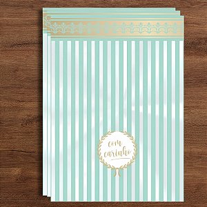 Saco Transparente Decorado - 15x22cm - Acqua "Com Carinho" Ouro - 50 unidades - Cromus - Rizzo