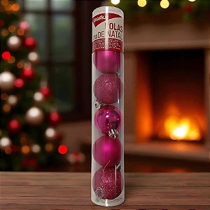 Bola de Natal em Tubo - Rosa - Lisa, Matte e Glitter - 4cm - 6 unidades - Cromus - Rizzo