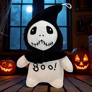 Caveira de Pelúcia com Touca "Boo!" - Branco e Preto - 29cm - 1 unidade - Rizzo
