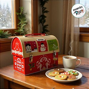 Lata de Metal de Natal - Caixa Maleta Cofre Vermelho e Bege - 17cm - 1 unidade - Rizzo