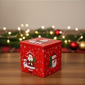 Lata De Metal De Natal - Vermelha - "Merry Christmas" Papai Noel e Boneco de Neve - 9x9cm - 1 unidade - Rizzo