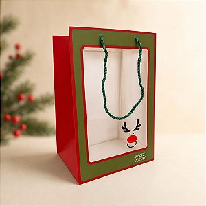 Sacola de papel com visor PVC 30x20x16cm - "Feliz Natal" - 10 unidades - Rizzo