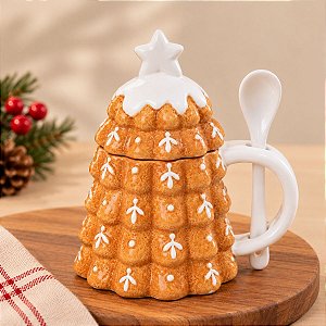 Caneca Com Tampa e Colher - Árvore De Natal Ginger Bread - 350ml - 1 unidade - Cromus - Rizzo