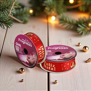 Fita de Cetim 10m x 22mm - Cor 1079 - Feliz Natal Vermelho - Rolo 10 metros   - 1 unidade - Progresso - Rizzo