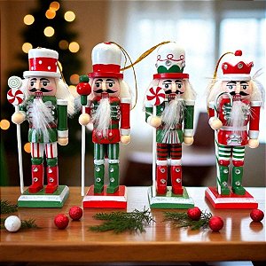 Kit Boneco Soldado Quebra Nozes de Madeira - Vermelho e Verde - 12cm  - 4 unidades - Rizzo