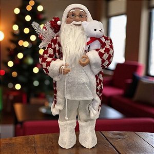 Papai Noel Decorativo em Pé com Saco de Presentes e Urso - Vermelho e Branco - 45cm - 1 unidade - Rizzo