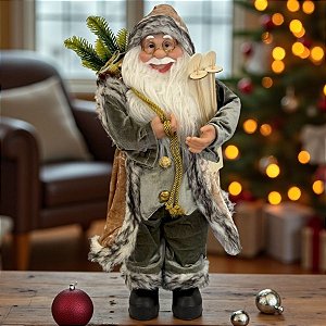 Papai Noel Decorativo em Pé com Saco de Presentes - Verde e Bege - 60cm - 1 unidade - Rizzo