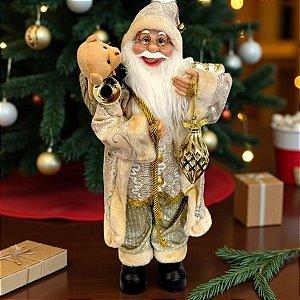 Papai Noel Decorativo em Pé com Saco de Presentes e Enfeite - Dourado - 60cm - 1 unidade - Rizzo