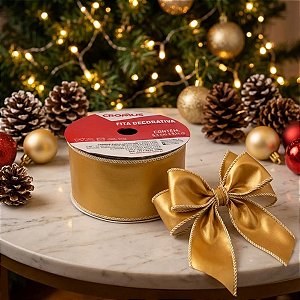 Fita Aramada Decorativa de Natal - Ouro - 6,3cmx9,14m - 1 unidade - Cromus - Rizzo