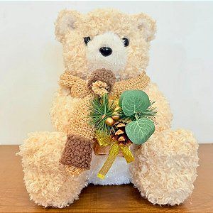 Enfeite Decorativo de Natal - Urso Sentado Bege - Cachecol e Presente - 29x25,5x23cm - 1 unidade - Cromus - Rizzo
