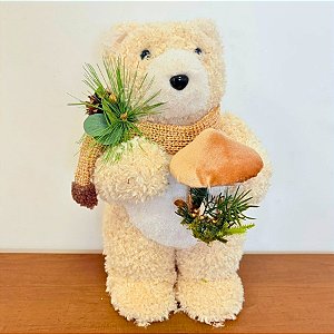 Enfeite Decorativo de Natal - Urso Bege - Cachecol e Cogumelo - 39x20x19cm - 1 unidade - Cromus - Rizzo