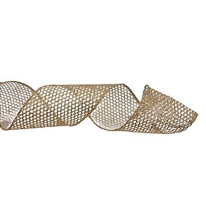 Fita Aramada Decorativa de Natal - Ouro Branco Trabalahado - 6,3cmx9,14m - 1 unidade - Cromus - Rizzo