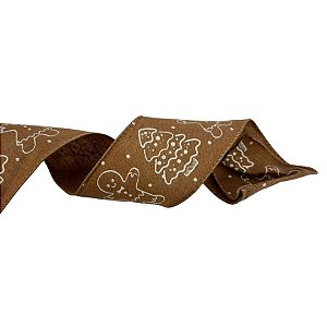 Fita Aramada Decorativa de Natal - Biscoito e Árvore - Marrom e Branco - 6,3cmx9,14m - 1 unidade - Cromus - Rizzo