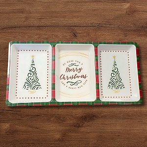 Petisqueira de Natal 3 Divisões - Xadrez Verde e Vermelho - 31x15,3x2,3cm - 1 unidade - FlorArte - Rizzo