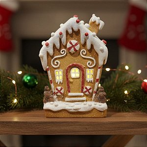 Enfeite De Natal em Resina - Casa De Ginger Bread Com LED - 23x15x12cm - 1 unidade - Cromus - Rizzo