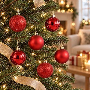 Bolas de Natal em Tubo - Vermelha Lisa, Matte e Glitter - 4cm - 6 unidades - Cromus - Rizzo