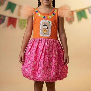 Vestido de Festa Junina Colorido - Bonequinha - Laranja e Rosa - G - 1 unidade - Rizzo