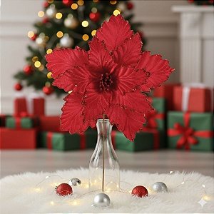Poinsétia Decorativa - Veludo Vermelho Com Glitter - 41x33x12cm - 1 unidade - Cromus - Rizzo