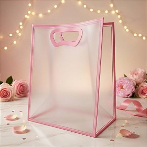 Sacola Transparente Fosca Pvc Alça Plana Rosa Claro - 30x23x15cm - 1 unidade - 1 unidade - Cromus - Rizzo