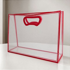Sacola Transparente Fosca Horizontal Pvc Alça Plana Vermelha - 22x30x9cm - 1 unidade - 1 unidade - Cromus - Rizzo