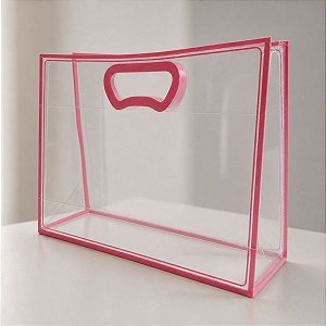 Sacola Transparente Fosca Horizontal Pvc Alça Plana Rosa Claro - 22x30x9cm - 1 unidade - 1 unidade - Cromus - Rizzo
