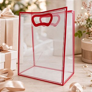 Sacola Transparente Fosca Pvc Alça Plana Vermelho - 25x15x9cm - 1 unidade - 1 unidade - Cromus - Rizzo