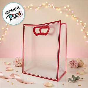 Sacola Transparente Fosca Pvc Alça Plana Vermelho - 25x15x9cm - 1 unidade - 1 unidade - Cromus - Rizzo
