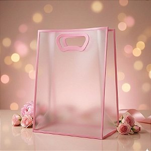 Sacola Transparente Fosca Pvc Alça Plana Rosa Claro - 25x15x9cm - 1 unidade - 1 unidade - Cromus - Rizzo