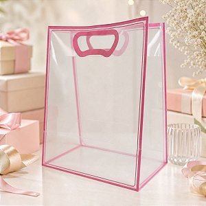 Sacola Transparente Fosca Pvc Alça Plana Rosa Claro - 25x15x9cm - 1 unidade - 1 unidade - Cromus - Rizzo