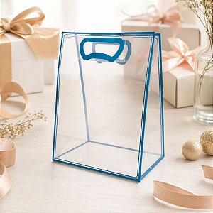 Sacola Transparente Fosca Pvc Alça Plana Azul Claro - 25x15x9cm - 10 unidades - 10 unidades - Cromus - Rizzo