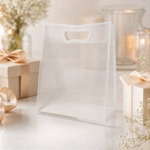 Sacola Transparente Fosca Pvc Alça Plana Branca - 25x15x9cm - 10 unidades - 10 unidades - Cromus - Rizzo