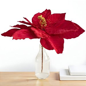 Poinsétia Decorativa - Veludo Vermelho Com Glitter - 25cm - 1 unidade - Rizzo