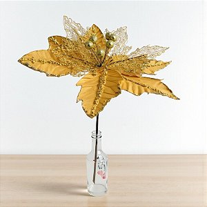 Poinsétia Decorativa - Veludo Dourado Com Glitter - 34cm - 1 unidade - Rizzo