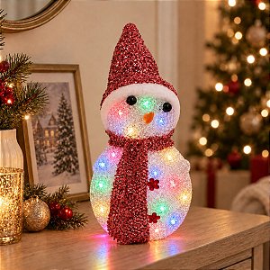 Enfeite Decorativo de Natal com Luz - Boneco de Neve com Cachecol - Rosa - 24cm - 1 unidade - Rizzo