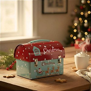 Lata de Metal de Natal - Caixa Maleta Cofre Verde Água - 13x17x8cm - 1 unidade - Rizzo