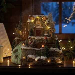 Cenário De Natal - Casa com Gangorra e Moinho d'Água com Som , Luz e Movimento - 20,5x21x24cm - 1 unidade - Rizzo