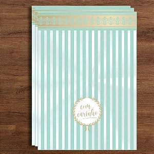 Saco Transparente Decorado - 19,5x11cm - Acqua "Com Carinho" Ouro - 50 unidades - Cromus - Rizzo