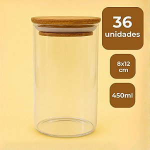 Pote de Vidro Hermético com Tampa de Bambu - 8x12cm - 450ml - 36 unidades - Rizzo