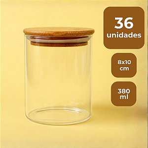 Pote de Vidro Hermético com Tampa de Bambu - 8x10cm - 380ml - 36 unidades - Rizzo